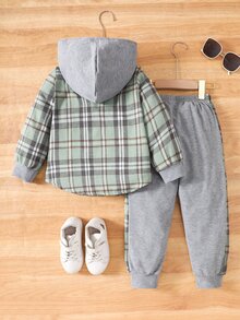 SHEIN 2pcs Young Boy Plaid Hooded Shacket And Sports Pants Set, Spring Autumn Toddler Plaidboys Plaid Jacket - Multicolor - View 2