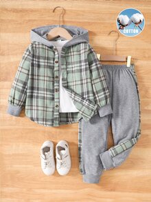 SHEIN 2pcs Young Boy Plaid Hooded Shacket And Sports Pants Set, Spring Autumn Toddler Plaidboys Plaid Jacket - Multicolor - View 3