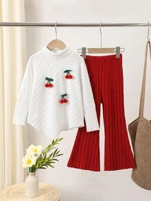 SHEIN 2pcs Young Girls Vintage Style Brown Ribbed Set, Soft Skin-Friendly Ribbed Fabric, Round Neck Top With Pearl Decor And Lantern Sleeve, Flared Pants - Red - View 7