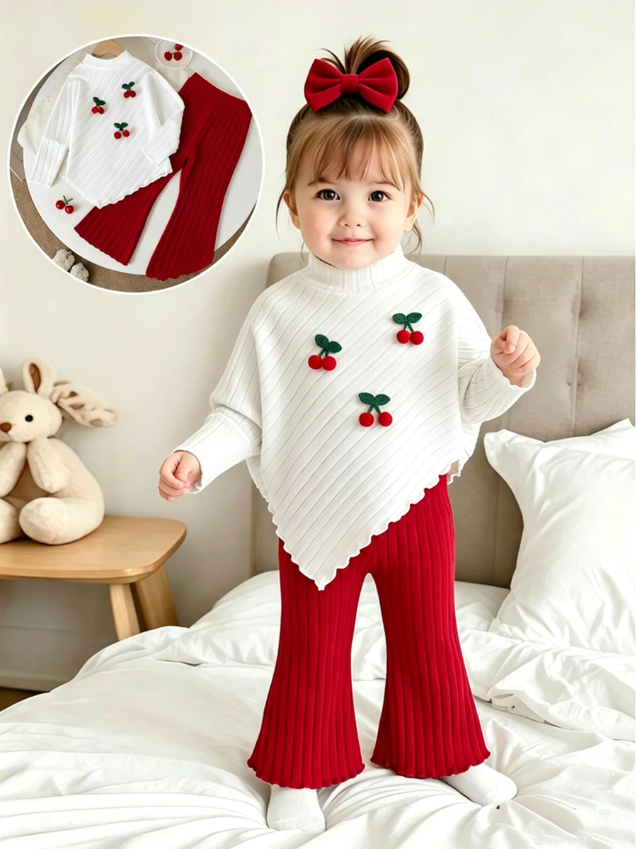 SHEIN 2pcs Young Girls Vintage Style Brown Ribbed Set, Soft Skin-Friendly Ribbed Fabric, Round Neck Top With Pearl Decor And Lantern Sleeve, Flared Pants - Red - View 1