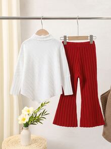 SHEIN 2pcs Young Girls Vintage Style Brown Ribbed Set, Soft Skin-Friendly Ribbed Fabric, Round Neck Top With Pearl Decor And Lantern Sleeve, Flared Pants - Red - View 4