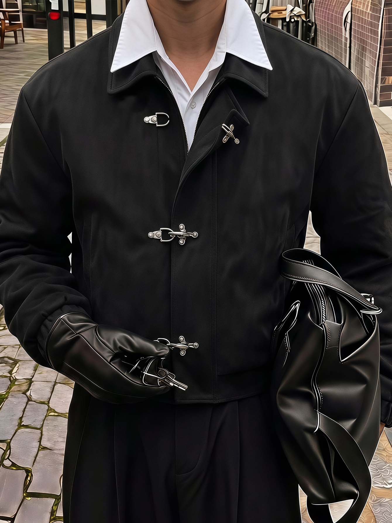 AXEPEAK Men's Long Sleeve Casual Jacket With Airplane Buckle Placket - Black - View 1