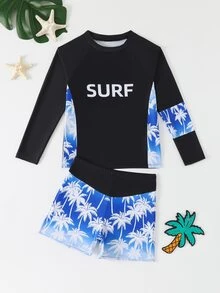 SHEIN Tween Boys 2-Piece Swimwear Set,White With Black Polka Dots,Summer,Casual,Pool Party,Holiday,Long Sleeve Rash Guard Shirt & Palm Tree Print Trunk Set - Multicolor - View 3