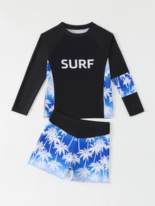 SHEIN Tween Boys 2-Piece Swimwear Set,White With Black Polka Dots,Summer,Casual,Pool Party,Holiday,Long Sleeve Rash Guard Shirt & Palm Tree Print Trunk Set - Multicolor - View 7