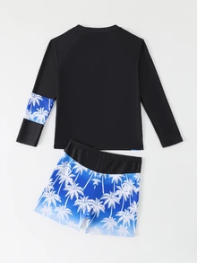 SHEIN Tween Boys 2-Piece Swimwear Set,White With Black Polka Dots,Summer,Casual,Pool Party,Holiday,Long Sleeve Rash Guard Shirt & Palm Tree Print Trunk Set - Multicolor - View 2