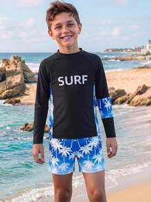 SHEIN Tween Boys 2-Piece Swimwear Set,White With Black Polka Dots,Summer,Casual,Pool Party,Holiday,Long Sleeve Rash Guard Shirt & Palm Tree Print Trunk Set - Multicolor - View 1