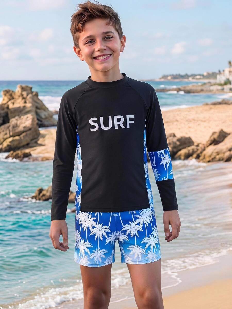 SHEIN Tween Boys 2-Piece Swimwear Set,White With Black Polka Dots,Summer,Casual,Pool Party,Holiday,Long Sleeve Rash Guard Shirt & Palm Tree Print Trunk Set - Multicolor - View 1