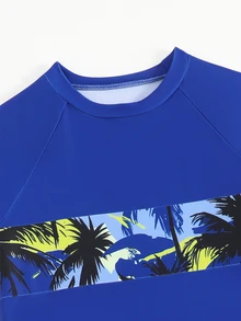 SHEIN Tween Boys Swimwear Set, Coconut Tree Print Short Sleeve Rash Guard Top Paired With Beach Shorts, Casual Sports Swimsuit For Summer - Multicolor - View 3