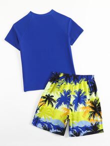 SHEIN Tween Boys Swimwear Set, Coconut Tree Print Short Sleeve Rash Guard Top Paired With Beach Shorts, Casual Sports Swimsuit For Summer - Multicolor - View 2