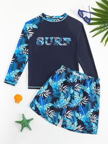 SHEIN 青少年男孩泳裝，海軍藍熱帶印花長袖比基尼套裝，字母圖案夏季海灘度假派對款，大童五線工藝 - 彩色 - 查看 3