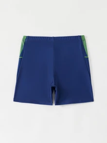 SHEIN 青少年男孩泳裝，深藍色拼接字母印花平口泳褲，休閒夏季度假 1 件式泳褲，適用於海灘與游泳池 - 藏蓝色 - 查看 2
