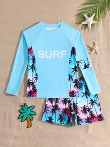 SHEIN Tween Boys Swimwear, Green Coconut Tree Print Casual Sporty Swimsuit, Suitable For Vacation And Summer - Blue - View 6
