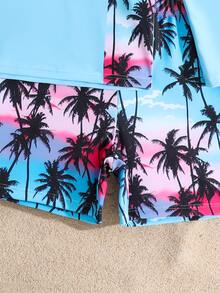 SHEIN Tween Boys Swimwear, Green Coconut Tree Print Casual Sporty Swimsuit, Suitable For Vacation And Summer - Blue - View 4