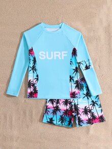 SHEIN Tween Boys Swimwear, Green Coconut Tree Print Casual Sporty Swimsuit, Suitable For Vacation And Summer - Blue - View 5
