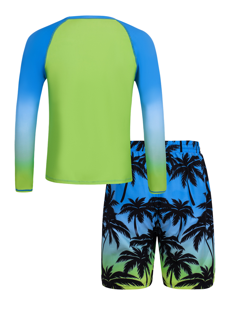 SHEIN Teen Boys Swimwear Set,Gradient Palm Tree Print Rash Guard Long Sleeve Top & Contrast Color Swim Trunks,Summer,Beach Vacation,Holiday Surfing Outfit - Green - View 2