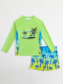 SHEIN 青少年男孩泳裝 鮮豔衝浪風 螢光綠主色 胸前黑色棕櫚樹太陽海鷗島嶼剪影印花 側邊藍黃漸層棕櫚樹印花 圓領長袖剪裁 褲子藍黃漸層底色配藍色棕櫚樹印花 2件組 時尚休閒 適合游泳、夏季度假、海邊沙灘、泳池夏季假期派對 - 綠色 - 查看 7