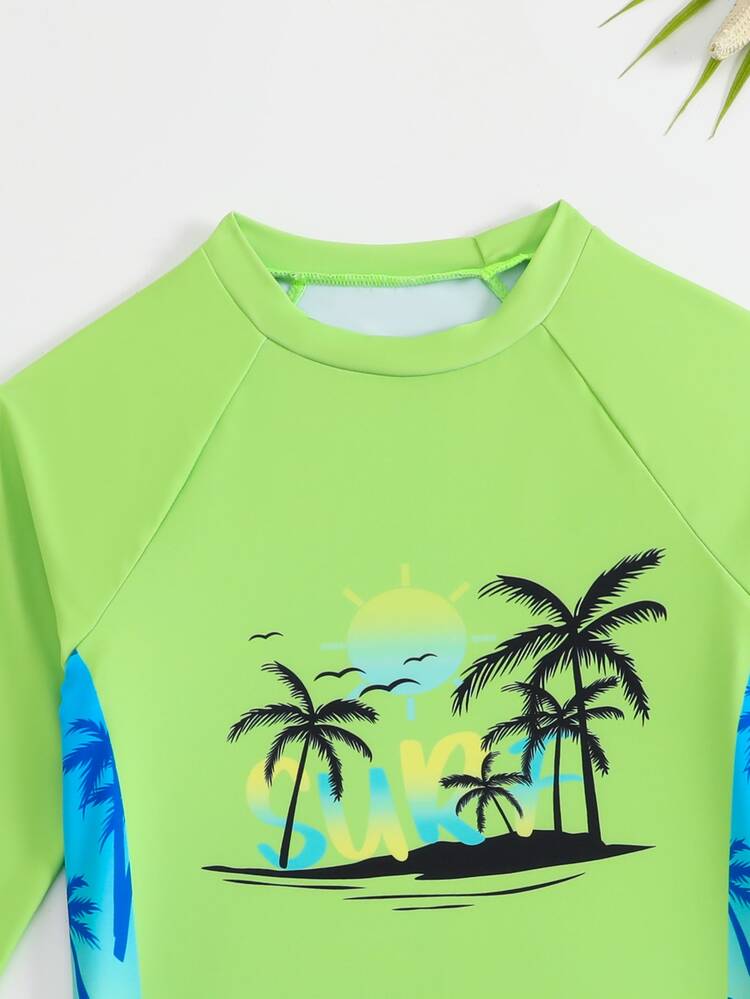 SHEIN Tween Boys Swimwear Vibrant Surf Style, Main Body In Eye-Catching Neon Green With Black Palm Tree, Sun, And Seagull Island Silhouette Print On Chest, Side Panels With Blue-Yellow Gradient Palm Tree Print, Round Neck Long Sleeve Cut, Pants With Blue-Yellow Gradient Base Color And Matching Blue Palm Tree Print, 2-Piece Set, Fashionable, Casual, Suitable For Swimming, Summer Vacation, Summer Beach And Seaside, Swimming Pool Summer Holiday Party Casual Vacation - Green - View 5