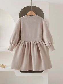 Elladie kids 年轻女孩温暖杏色麻花针织毛衣裙，百搭柔软圆领长袖针织连衣裙，舒适休闲，适合春秋冬日常穿着 - 杏色 - 查看 5
