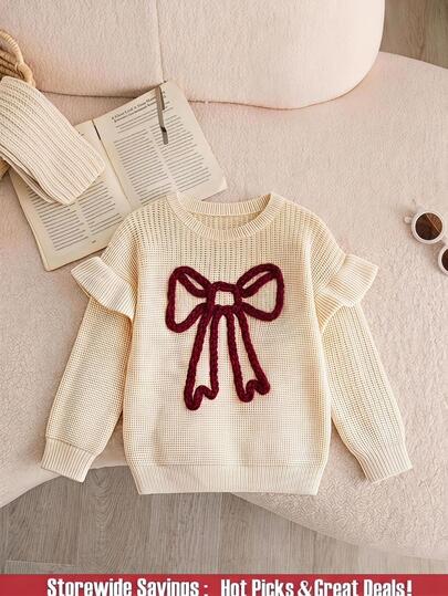 SHEIN Young Girls' White Elegant Princess Baby Doll Knit Pullover Sweater With Bow Decor,Long Sleeve Crew Neck School Nursery Baby Shower Autumn