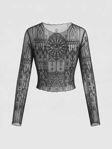 ROMWE Gothic Mysterious Church Sexy Mesh Sheer Long Sleeve Women's Top - Grey - View 2