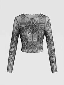 ROMWE Gothic Mysterious Church Sexy Mesh Sheer Long Sleeve Women's Top - Grey - View 1