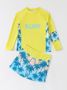 SHEIN Tween Boys 2-Piece Swimwear Set,Long Sleeve Rash Guard & Trunks,Palm Tree Print,Blue,Summer,Funny,Beach,Vacation,Holiday,Tropical Surfing Style,Knit - Yellow - View 6