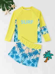 SHEIN Tween Boys 2-Piece Swimwear Set,Long Sleeve Rash Guard & Trunks,Palm Tree Print,Blue,Summer,Funny,Beach,Vacation,Holiday,Tropical Surfing Style,Knit - Yellow - View 3