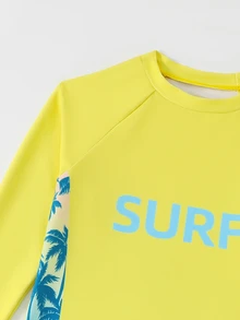 SHEIN Tween Boys 2-Piece Swimwear Set,Long Sleeve Rash Guard & Trunks,Palm Tree Print,Blue,Summer,Funny,Beach,Vacation,Holiday,Tropical Surfing Style,Knit - Yellow - View 4