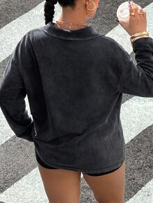 Muchica Plus-Size Autumn Retro Casual Sportswear Washed Polo Collar Long-Sleeved T-Shirt, Perfect For Back To School. Fall - Black - View 2