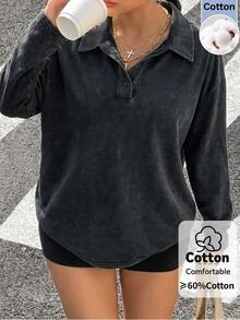 Muchica Plus-Size Autumn Retro Casual Sportswear Washed Polo Collar Long-Sleeved T-Shirt, Perfect For Back To School. Fall - Black - View 5