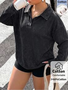 Muchica Plus-Size Autumn Retro Casual Sportswear Washed Polo Collar Long-Sleeved T-Shirt, Perfect For Back To School. Fall - Black - View 4