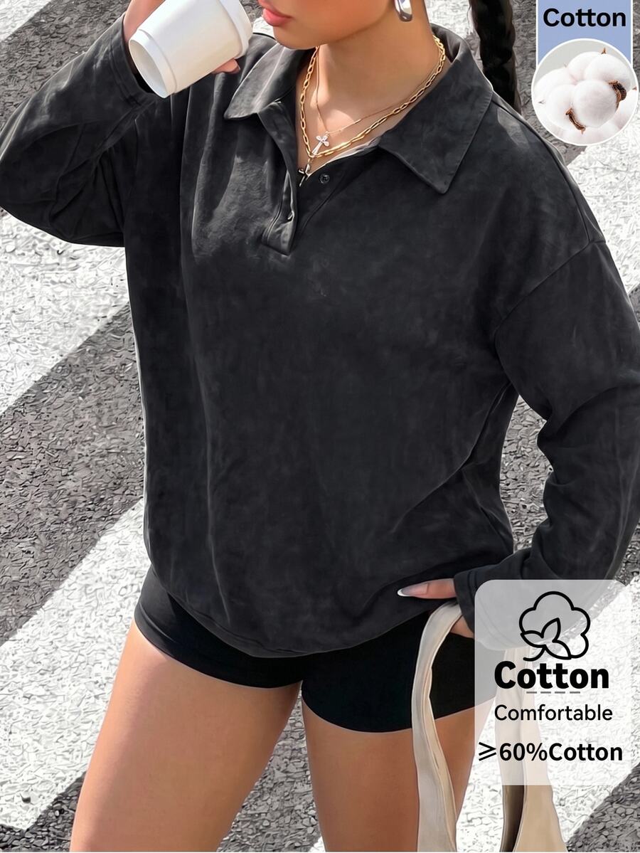 Muchica Plus-Size Autumn Retro Casual Sportswear Washed Polo Collar Long-Sleeved T-Shirt, Perfect For Back To School. Fall - Black - View 1