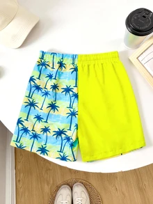 SHEIN شورت سباحة رجالي بخصر رباط مطبوع بأشجار جوز الهند لعطلة الصيف على الشاطئ، شورت سباحة رجالي بطبعات ألواح التزلج على الأمواج، شورت سباحة رجالي بطبعات أشجار النخيل، شورت سباحة رجالي بألوان متباينة، شورت سباحة رجالي بطبعات نيون لأشجار النخيل - أصفر - مشاهدة 3