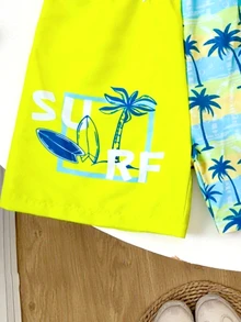 SHEIN شورت سباحة رجالي بخصر رباط مطبوع بأشجار جوز الهند لعطلة الصيف على الشاطئ، شورت سباحة رجالي بطبعات ألواح التزلج على الأمواج، شورت سباحة رجالي بطبعات أشجار النخيل، شورت سباحة رجالي بألوان متباينة، شورت سباحة رجالي بطبعات نيون لأشجار النخيل - أصفر - مشاهدة 6