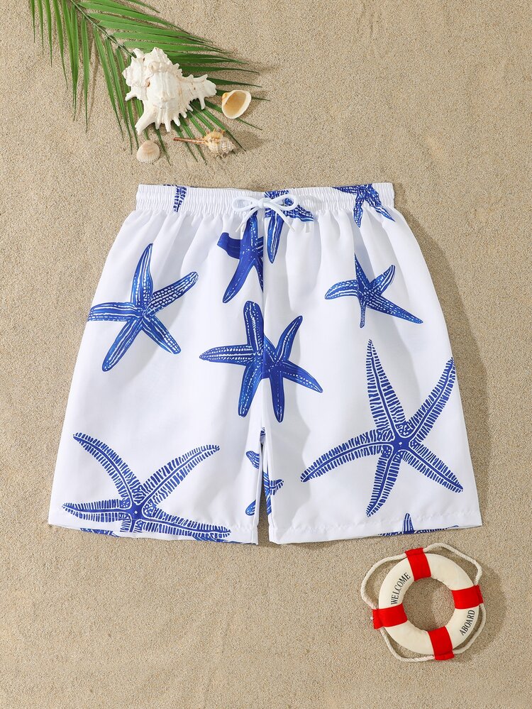 SHEIN Teen Boys Swimwear Loose Straight Shorts White Allover Blue Starfish Print Summer Beach Vacation Casual Swimming Pool Fashionable One-Piece - Blue and White - View 3