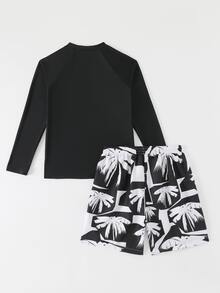 SHEIN 两件套青少年男童泳装，黑色长袖防晒衣，简约日落棕榈树印花，撞色印花泳裤，时尚休闲，适合游泳、夏季度假、海滩、泳池派对 - 黑與白 - 查看 2