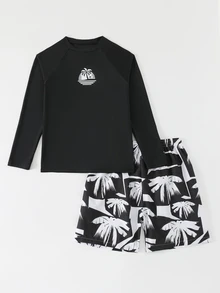 SHEIN 两件套青少年男童泳装，黑色长袖防晒衣，简约日落棕榈树印花，撞色印花泳裤，时尚休闲，适合游泳、夏季度假、海滩、泳池派对 - 黑與白 - 查看 7