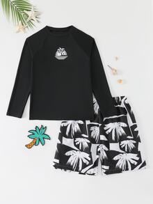 SHEIN 两件套青少年男童泳装，黑色长袖防晒衣，简约日落棕榈树印花，撞色印花泳裤，时尚休闲，适合游泳、夏季度假、海滩、泳池派对 - 黑與白 - 查看 3