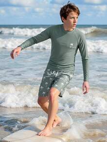 SHEIN Boys Swim Set 2 Pieces UPF 50+ Swim Trunks And Rash Guard Long Sleeves Bathing Suits Quick Dry Swimwear For Teen Boy 12-16Y,Summer,Vacation,Holiday - Olive Green - View 1