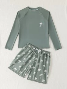 SHEIN Boys Swim Set 2 Pieces UPF 50+ Swim Trunks And Rash Guard Long Sleeves Bathing Suits Quick Dry Swimwear For Teen Boy 12-16Y,Summer,Vacation,Holiday - Olive Green - View 5