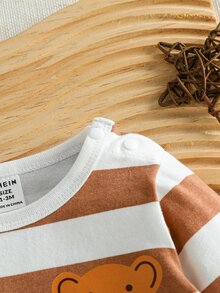 SHEIN 新生兒嬰兒軟棉白色可愛熊圖案長袖圓領連身衣 拍照用 秋季 熱帶風 - 彩色 - 查看 3