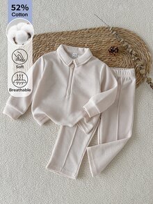 SHEIN Baby Boy Spring/Autumn Casual Waffle Knit Solid Color 2-Piece Set, 0-3 Years Old, POLO Collar Half-Zip Long Sleeve Top And Straight Leg Pants Outfit - Beige - View 4