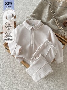 SHEIN Baby Boy Spring/Autumn Casual Waffle Knit Solid Color 2-Piece Set, 0-3 Years Old, POLO Collar Half-Zip Long Sleeve Top And Straight Leg Pants Outfit - Beige - View 2