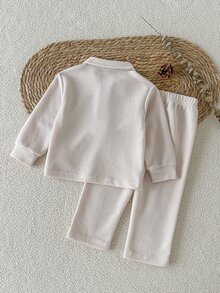 SHEIN Baby Boy Spring/Autumn Casual Waffle Knit Solid Color 2-Piece Set, 0-3 Years Old, POLO Collar Half-Zip Long Sleeve Top And Straight Leg Pants Outfit - Beige - View 3