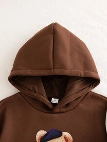 SHEIN 女童棕色連帽衛衣，秋冬新款學院風貝雷帽與泰迪熊印花上衣，寬鬆百搭休閒套頭衛衣，柔軟保暖內裡衛衣，適合青少年女孩 - 棕色 - 查看 6