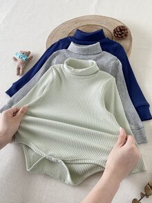 SHEIN 男嬰 0-3 歲 3 件套休閒百搭高領羅紋紋理棉混紡長袖連身衣，適合內搭、外出及秋冬多種場合 - 彩色 - 查看 9