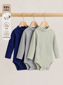 SHEIN 男嬰 0-3 歲 3 件套休閒百搭高領羅紋紋理棉混紡長袖連身衣，適合內搭、外出及秋冬多種場合 - 彩色 - 查看 4