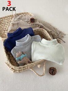 SHEIN 男嬰 0-3 歲 3 件套休閒百搭高領羅紋紋理棉混紡長袖連身衣，適合內搭、外出及秋冬多種場合 - 彩色 - 查看 8