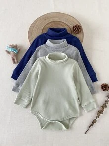 SHEIN 男嬰 0-3 歲 3 件套休閒百搭高領羅紋紋理棉混紡長袖連身衣，適合內搭、外出及秋冬多種場合 - 彩色 - 查看 6