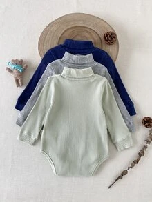 SHEIN 男嬰 0-3 歲 3 件套休閒百搭高領羅紋紋理棉混紡長袖連身衣，適合內搭、外出及秋冬多種場合 - 彩色 - 查看 3